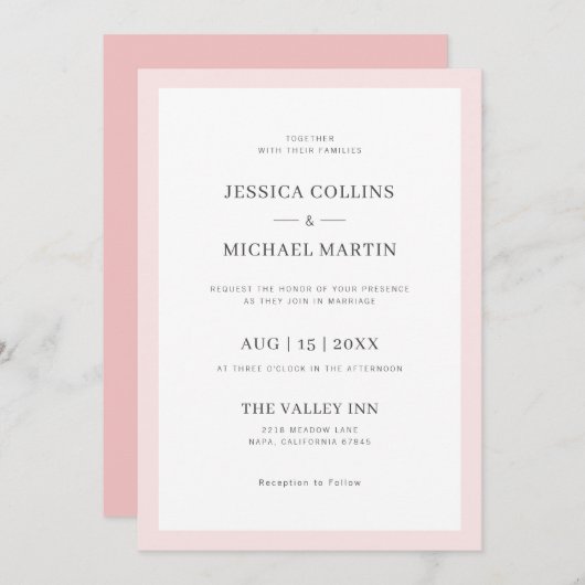 Invitation Mariage rose et gris simple et élégant (Devant / Derrière)