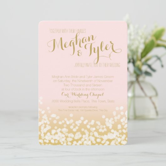 Invitation Mariage rose et or brillant (Debout devant)