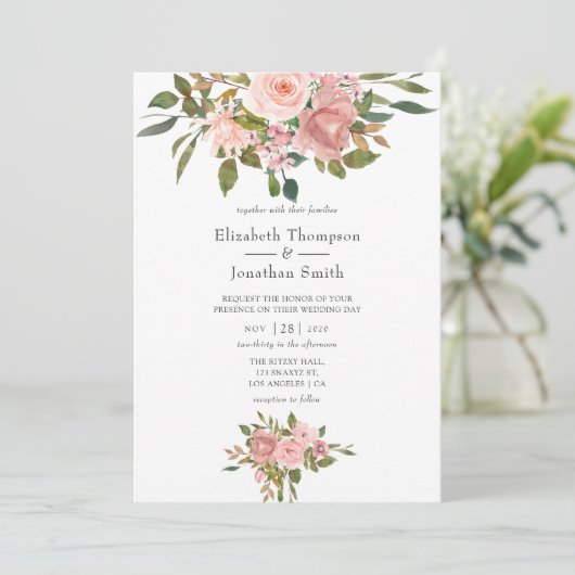 Invitation Mariage rose et or Rose (Debout devant)