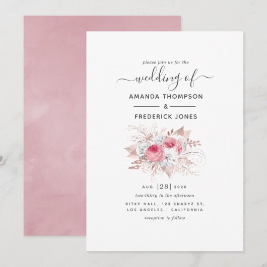 Invitation Mariage rose et Rose or Floral (Devant / Derrière)