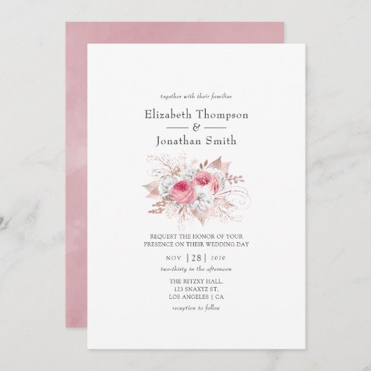 Invitation Mariage rose et Rose or Floral (Devant / Derrière)