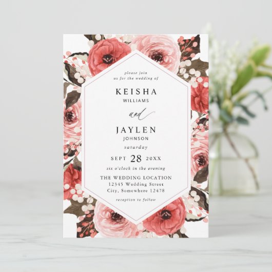 Invitation Mariage rose et rose rouge 2 (Debout devant)
