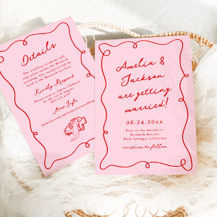 Invitation Mariage Rose et Rouge Dessiné à la Main avec une t
