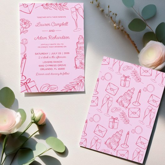 Invitation Mariage Rose et Rouge Dessiné à la Main Fantaisist