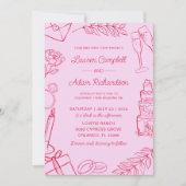 Invitation Mariage Rose et Rouge Dessiné à la Main Fantaisist (Devant)