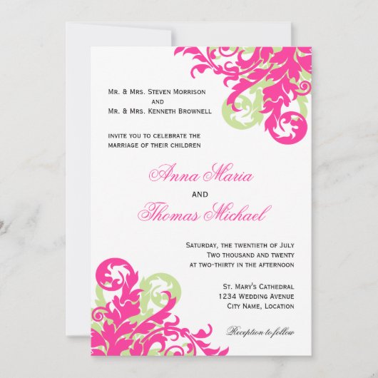 Invitation Mariage rose et vert (Devant)