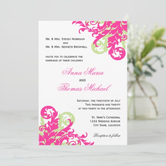 Invitation Mariage rose et vert (Debout devant)
