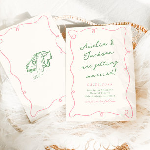 Invitation Mariage Rose et Vert aux Dessins Fantaisistes à la