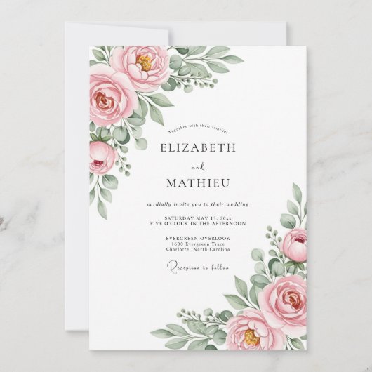 Invitation Mariage Rose Éthéré en Fleur (Devant)