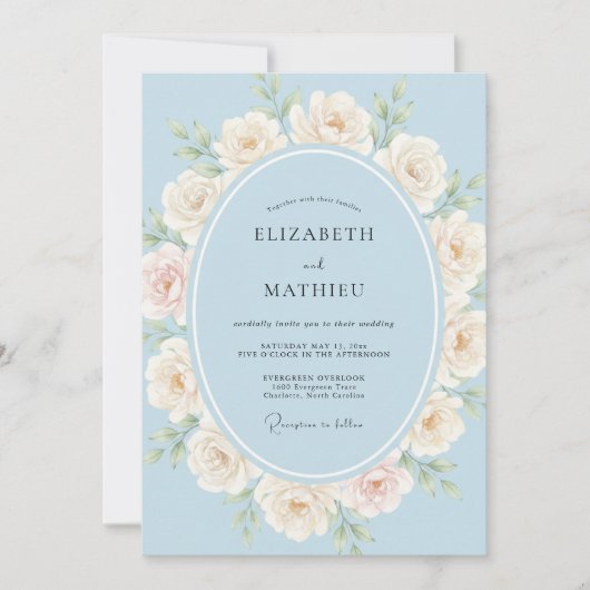 Invitation Mariage Rose Éthérée Bleu Clair (Devant)