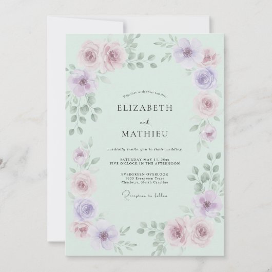 Invitation Mariage Rose Éthérée Vert Menthe (Devant)