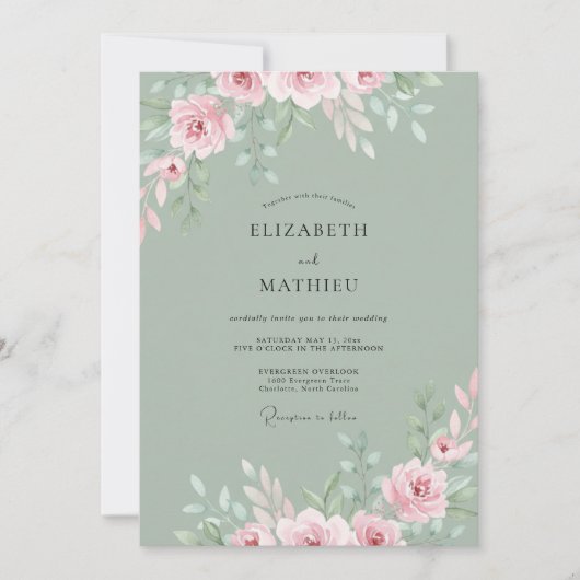 Invitation Mariage Rose Éthérée Vert Sauge (Devant)