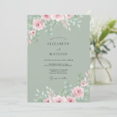 Invitation Mariage Rose Éthérée Vert Sauge (Debout devant)