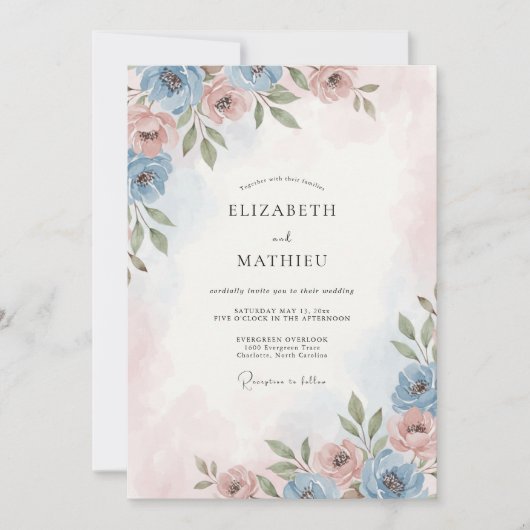 Invitation Mariage Rose Fardée Bleu Ciel Doré (Devant)