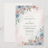 Invitation Mariage Rose Fardée Bleu Ciel Doré (Devant / Derrière)