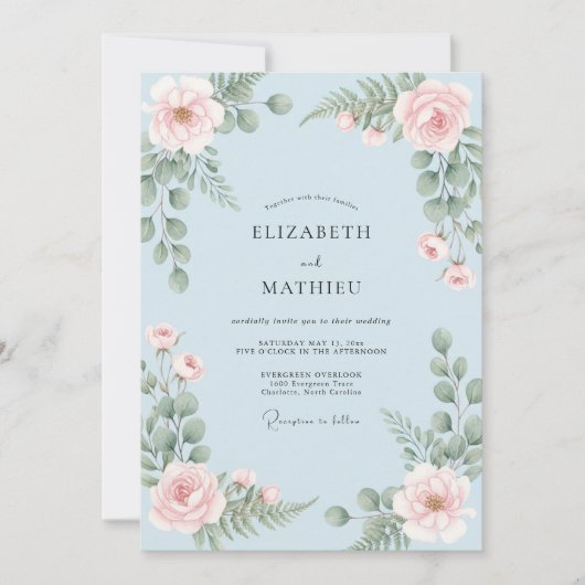 Invitation Mariage Rose Fardée Bleu Poudre (Devant)