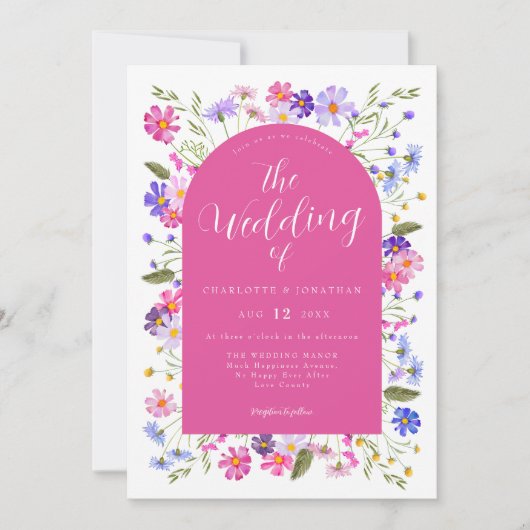 Invitation Mariage rose Fleur sauvage Boho (Devant)