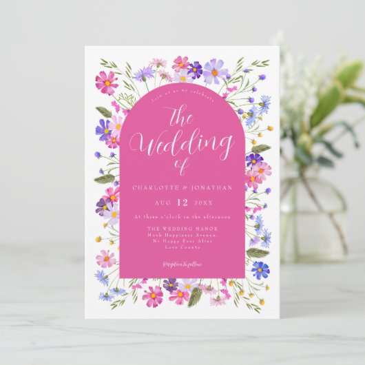 Invitation Mariage rose Fleur sauvage Boho (Debout devant)