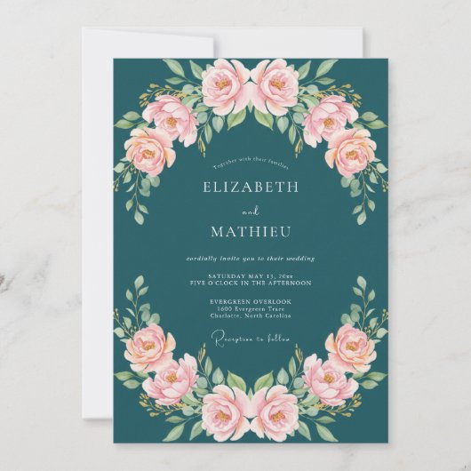 Invitation Mariage Rose Fleur Teintée de Sarcelle (Devant)
