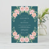 Invitation Mariage Rose Fleur Teintée de Sarcelle (Debout devant)
