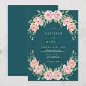 Invitation Mariage Rose Fleur Teintée de Sarcelle (Devant / Derrière)
