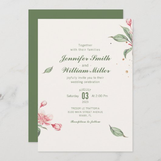 Invitation Mariage rose Fleur Vintage (Devant / Derrière)
