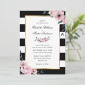Invitation Mariage rose floral élégant noir blanc rayé (Debout devant)