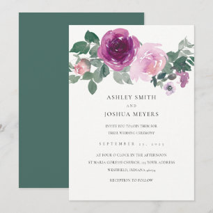 Invitation Mariage Rose Floral Magenta Blanc Perle Vert Feuil