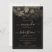 Invitation Mariage rose floral noir et or classique (Devant)