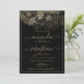 Invitation Mariage rose floral noir et or classique (Debout devant)