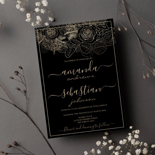 Invitation Mariage rose floral noir et or classique