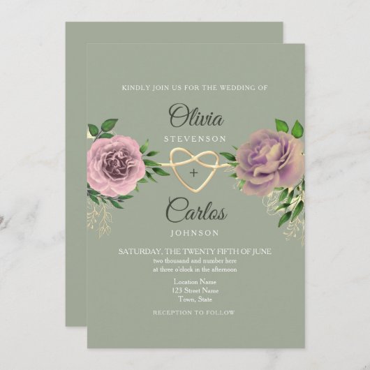 Invitation Mariage rose Floral Sage vert (Devant / Derrière)