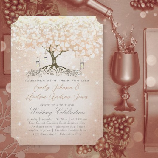 Invitation Mariage rose Gold Blush Pink Heart Leaf Tree