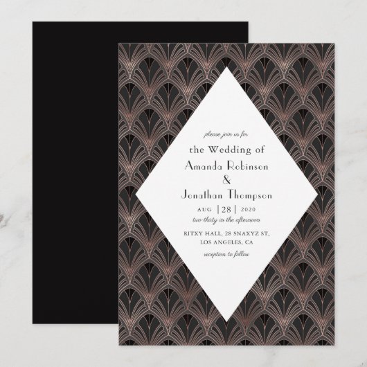 Invitation Mariage rose Gold et Black Art Déco (Devant / Derrière)