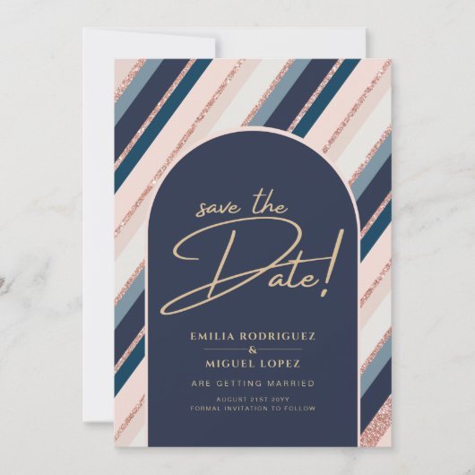 Invitation Mariage Rose Gold Foncé Bleu Marine Lunaire (Devant)