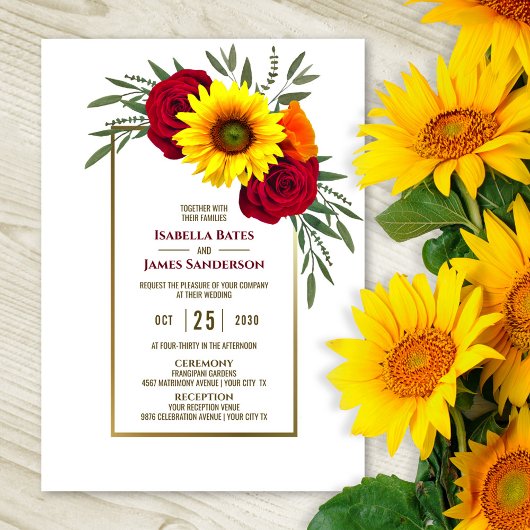 Invitation Mariage Rose Gold Frame Sunflower Bourgogne