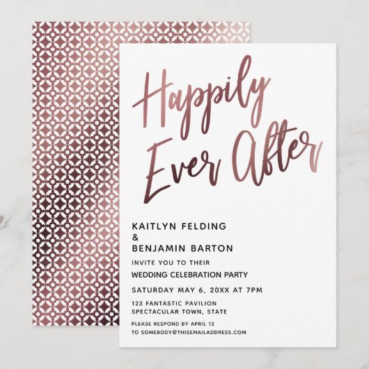 Invitation Mariage Rose Gold "Happily Ever After" Réception d (Devant / Derrière)