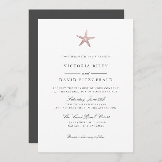 Invitation Mariage rose Gold Starfish Elegant Ocean Beach (Devant / Derrière)