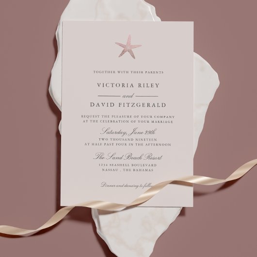Invitation Mariage rose Gold Starfish Elegant Ocean Beach