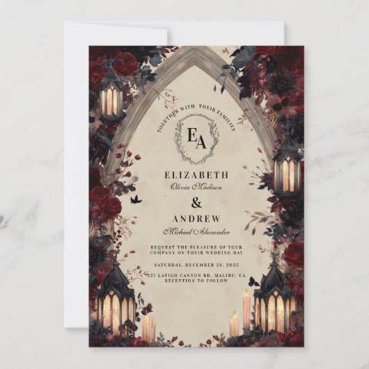 Invitation Mariage Rose gothique à bougies (Devant)