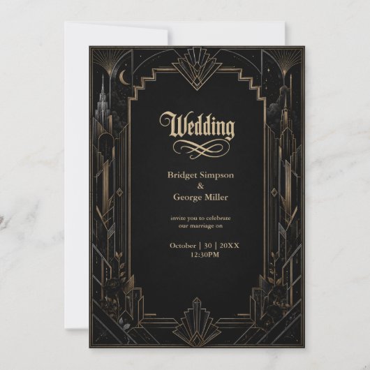 Invitation Mariage Rose Gothique Art Déco Skyline (Devant)