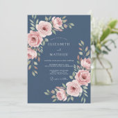 Invitation Mariage Rose Gracieuse Bleu Acier (Debout devant)