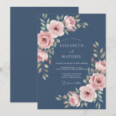 Invitation Mariage Rose Gracieuse Bleu Acier (Devant / Derrière)