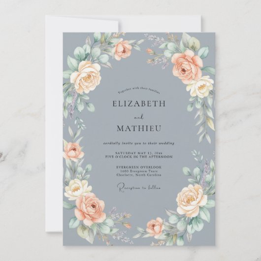 Invitation Mariage Rose Gracieuse Bleu Ardoise (Devant)