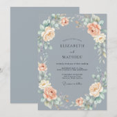 Invitation Mariage Rose Gracieuse Bleu Ardoise (Devant / Derrière)