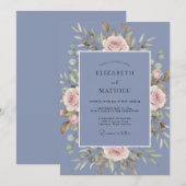 Invitation Mariage Rose Gracieuse Bleu Barbeau (Devant / Derrière)