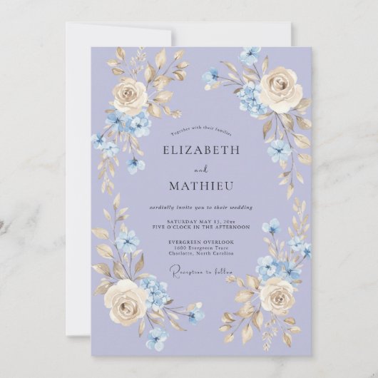 Invitation Mariage Rose Gracieuse Bleu Pervenche (Devant)