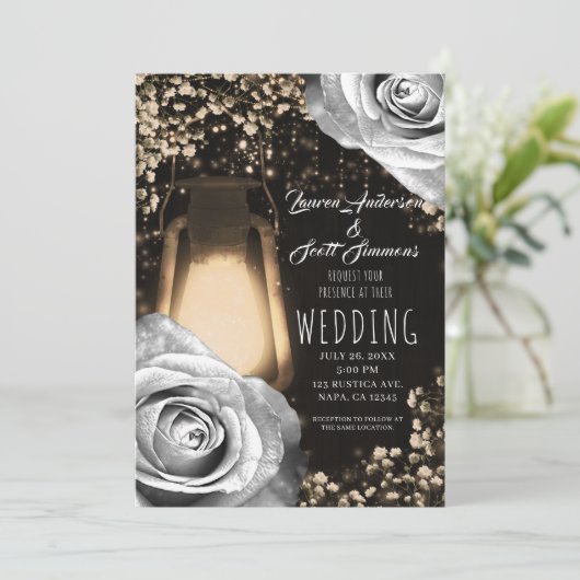 Invitation Mariage Rose gris argenté à lanterne rustique (Debout devant)