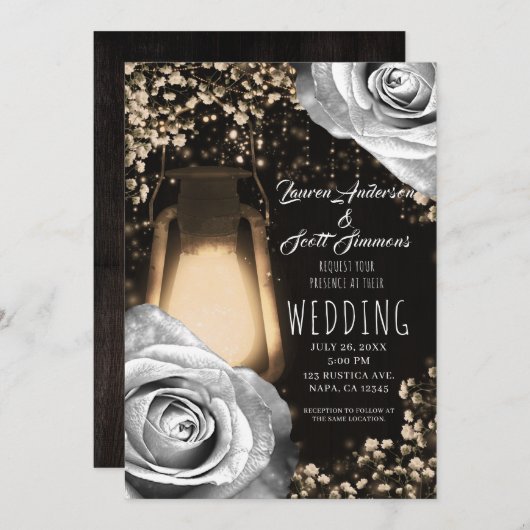 Invitation Mariage Rose gris argenté à lanterne rustique (Devant / Derrière)
