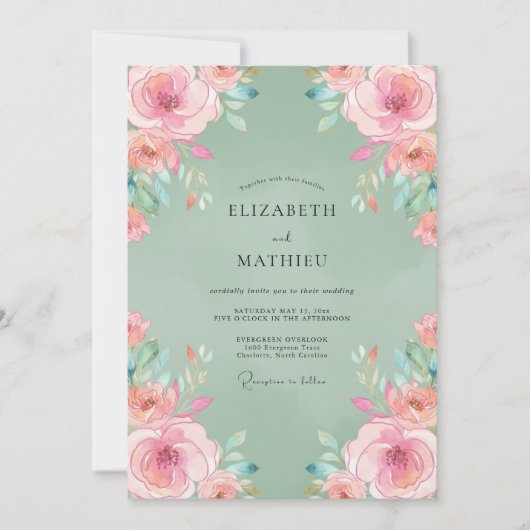 Invitation Mariage Rose Heureuse Vert Sauge (Devant)